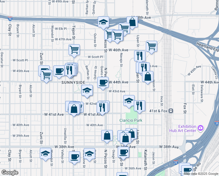 map of restaurants, bars, coffee shops, grocery stores, and more near 1581 West 43rd Avenue in Denver