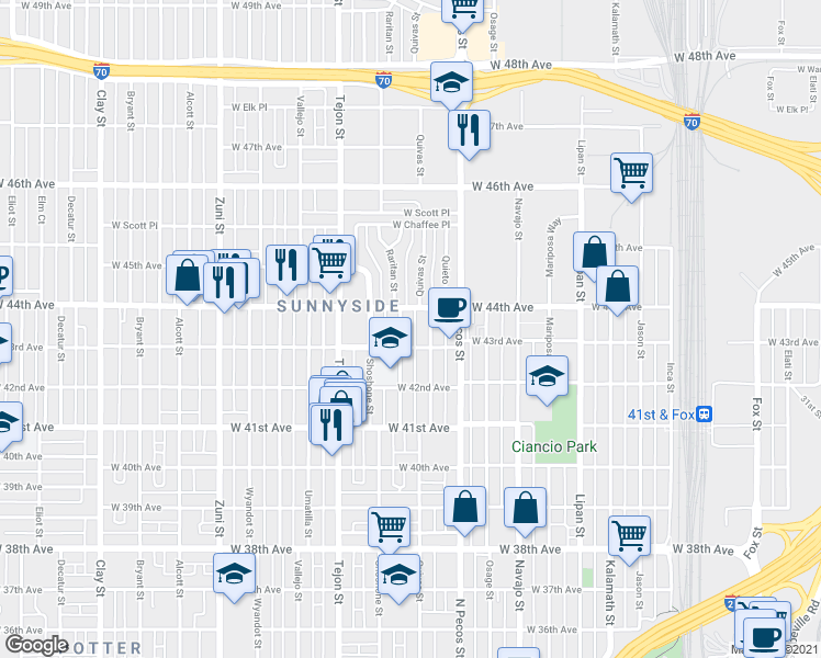 map of restaurants, bars, coffee shops, grocery stores, and more near 4305 Raritan Street in Denver