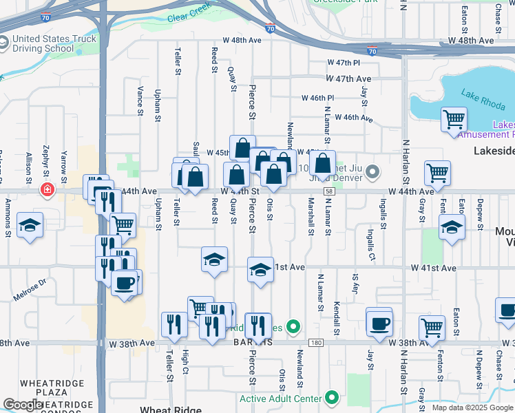 map of restaurants, bars, coffee shops, grocery stores, and more near 4360 Pierce Street in Wheat Ridge