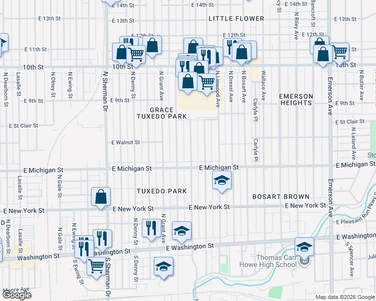map of restaurants, bars, coffee shops, grocery stores, and more near 528 North Colorado Avenue in Indianapolis