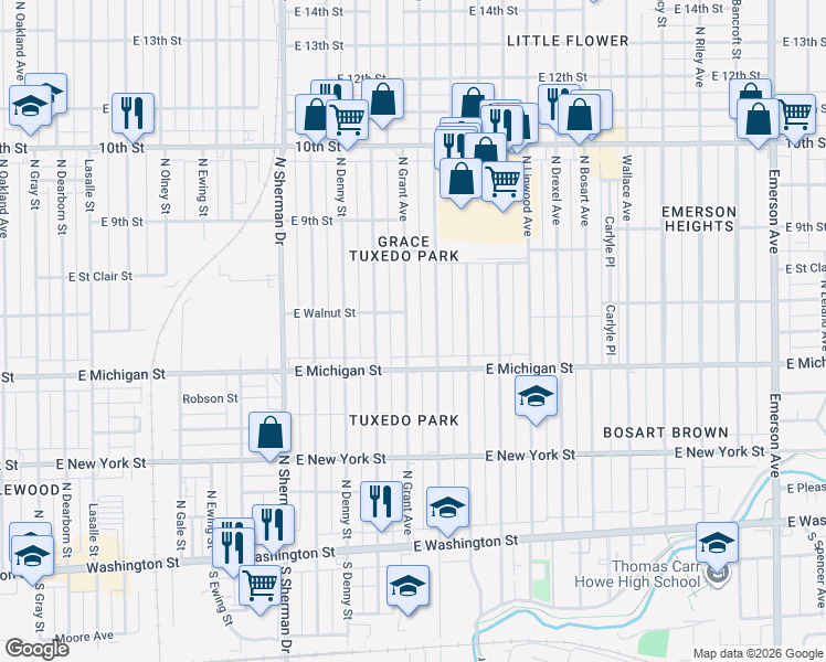 map of restaurants, bars, coffee shops, grocery stores, and more near 521 North Grant Avenue in Indianapolis