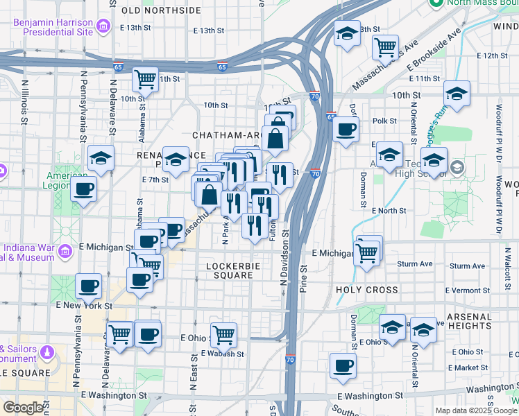map of restaurants, bars, coffee shops, grocery stores, and more near 617 North College Avenue in Indianapolis