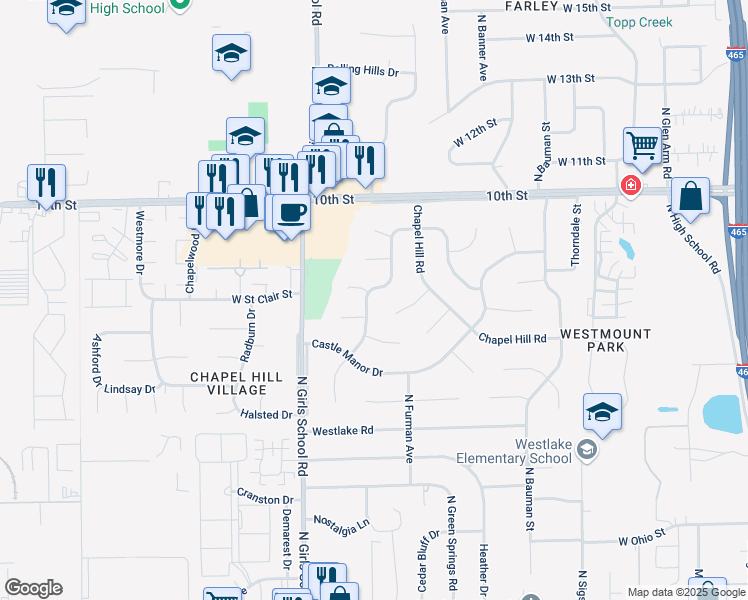 map of restaurants, bars, coffee shops, grocery stores, and more near 703 Chapel Hill West Drive in Indianapolis