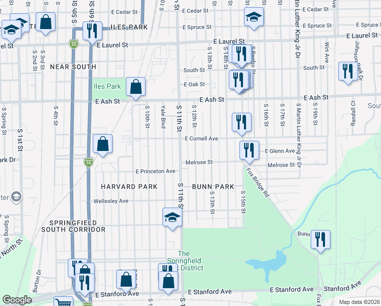 map of restaurants, bars, coffee shops, grocery stores, and more near 2245 South 12th Street in Springfield