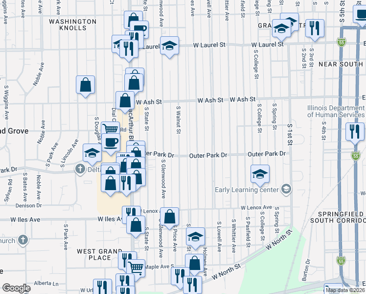 map of restaurants, bars, coffee shops, grocery stores, and more near 2128 South Walnut Street in Springfield