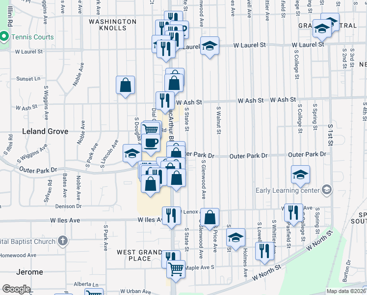 map of restaurants, bars, coffee shops, grocery stores, and more near 900-974 Outer Park Dr in Springfield