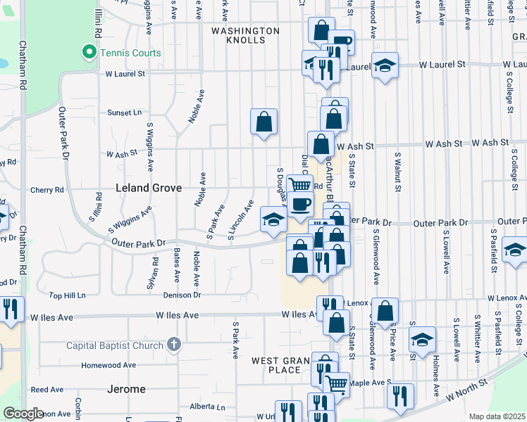 map of restaurants, bars, coffee shops, grocery stores, and more near 2116 South Lincoln Avenue in Springfield