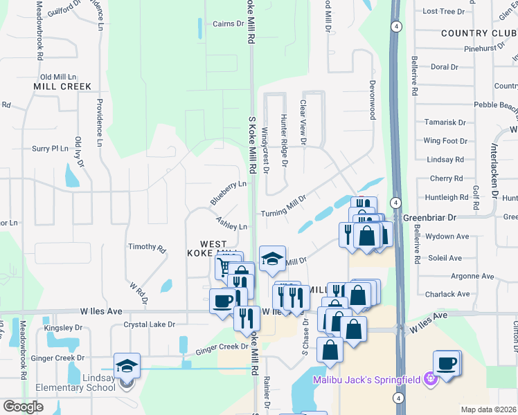 map of restaurants, bars, coffee shops, grocery stores, and more near 3128 Turning Mill Drive in Springfield