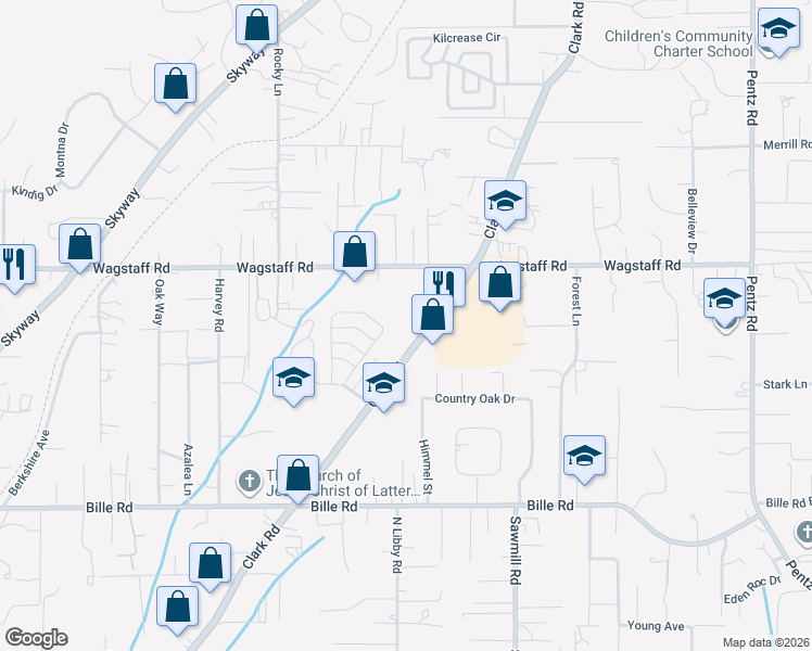 map of restaurants, bars, coffee shops, grocery stores, and more near 6585 Clark Road in Paradise