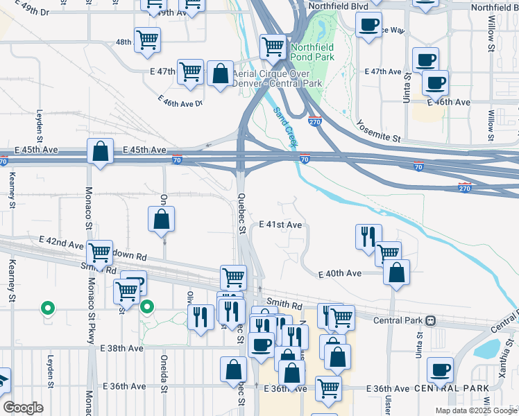 map of restaurants, bars, coffee shops, grocery stores, and more near 7415 East 41st Avenue in Denver