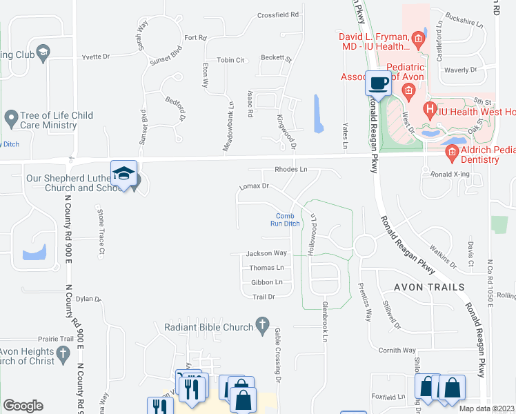 map of restaurants, bars, coffee shops, grocery stores, and more near 9687 Stonewall Lane in Avon