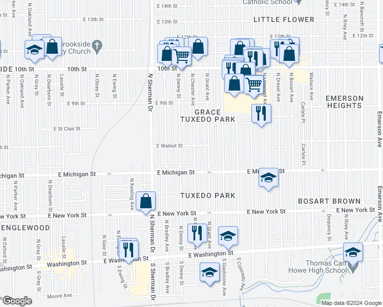 map of restaurants, bars, coffee shops, grocery stores, and more near 606 North Chester Avenue in Indianapolis