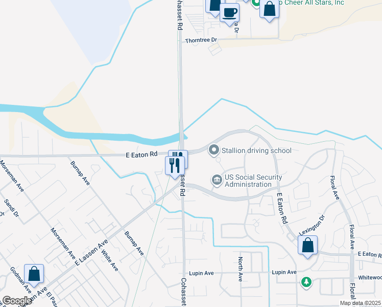 map of restaurants, bars, coffee shops, grocery stores, and more near 1487 East Eaton Road in Chico