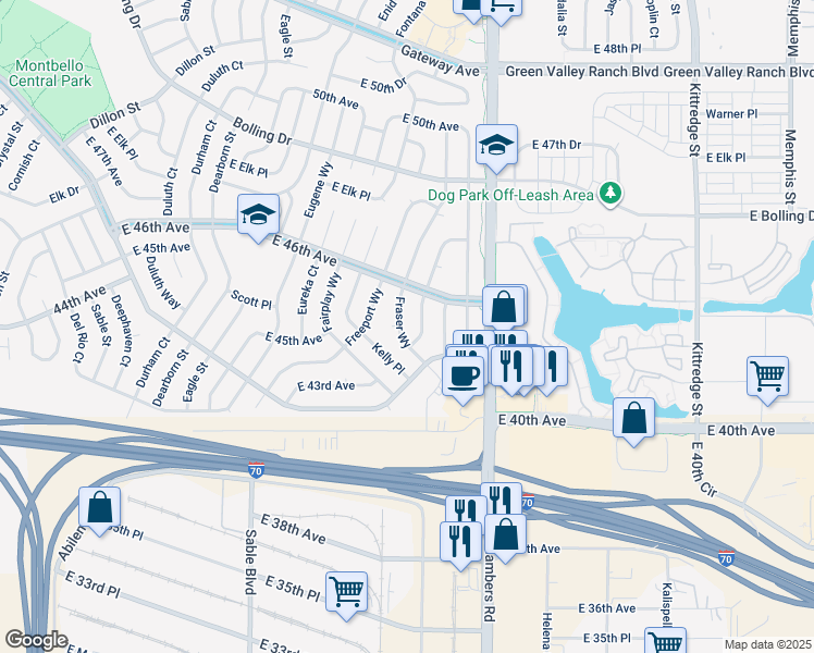 map of restaurants, bars, coffee shops, grocery stores, and more near 4574 Frankfort Way in Denver