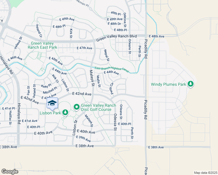 map of restaurants, bars, coffee shops, grocery stores, and more near 21142 East 43rd Avenue in Denver