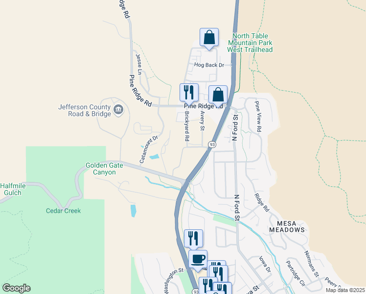 map of restaurants, bars, coffee shops, grocery stores, and more near 20001 Golden Gate Canyon Road in Golden