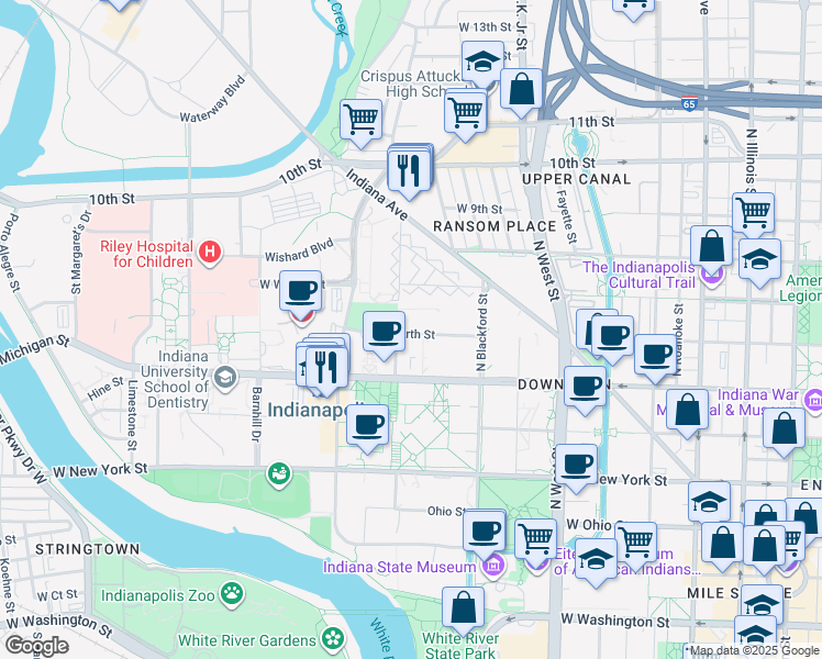 map of restaurants, bars, coffee shops, grocery stores, and more near 820 West North Street in Indianapolis
