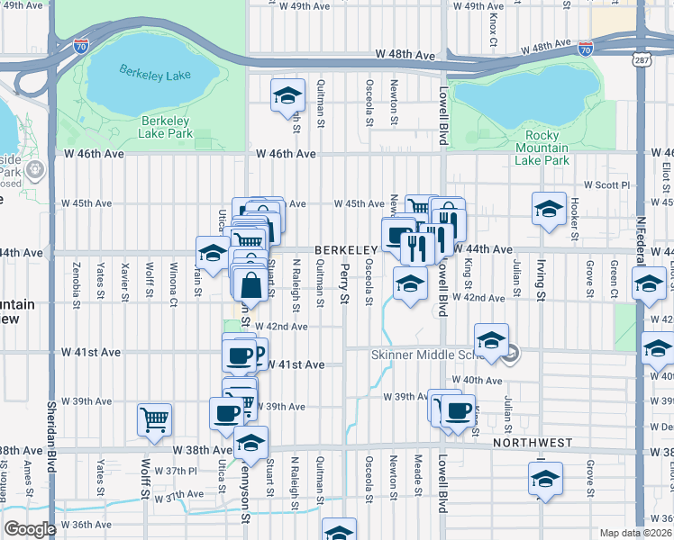 map of restaurants, bars, coffee shops, grocery stores, and more near 3990 West 43rd Avenue in Denver