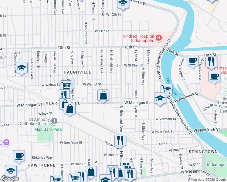 map of restaurants, bars, coffee shops, grocery stores, and more near 554 North Belmont Avenue in Indianapolis