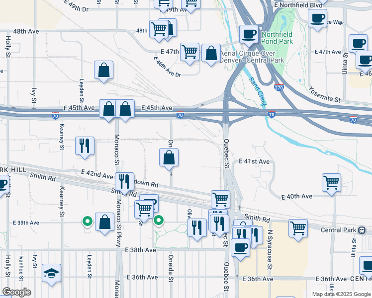 map of restaurants, bars, coffee shops, grocery stores, and more near 4250 Oneida Street in Denver