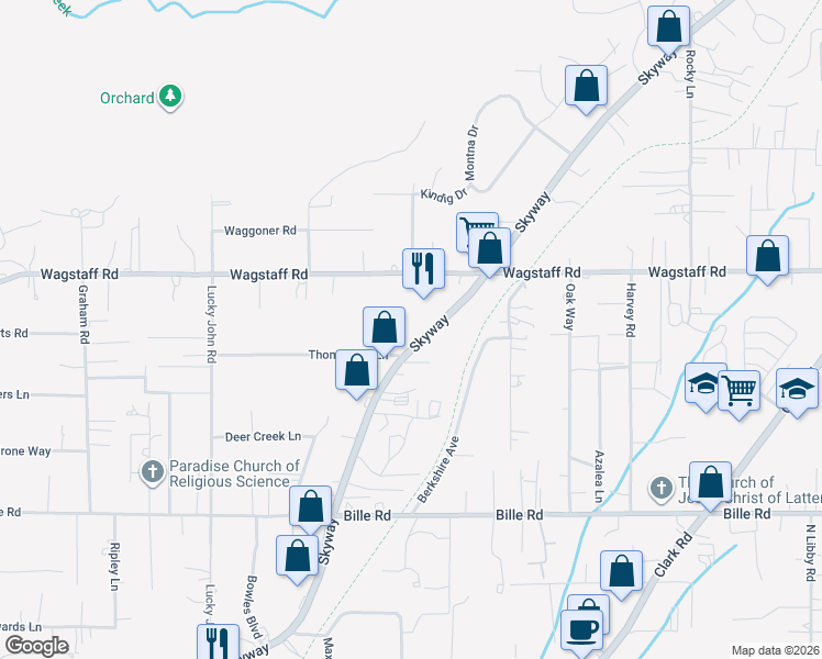 map of restaurants, bars, coffee shops, grocery stores, and more near 8083 Skyway in Paradise