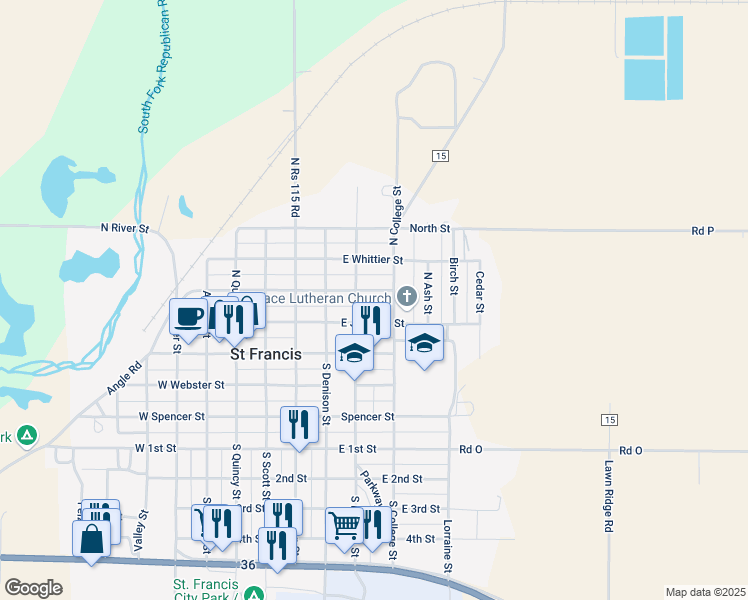 map of restaurants, bars, coffee shops, grocery stores, and more near 213-215 North Frances Street in Saint Francis
