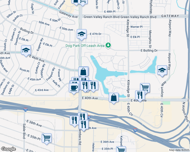 map of restaurants, bars, coffee shops, grocery stores, and more near 15435 Andrews Drive in Denver