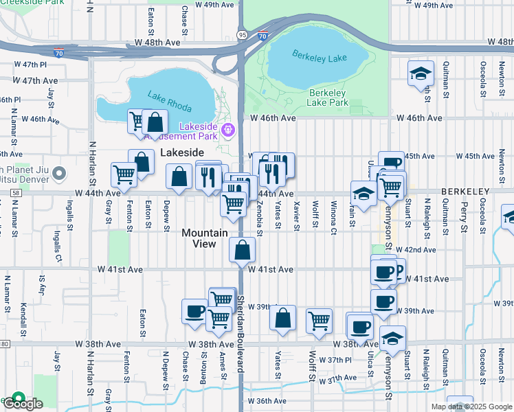 map of restaurants, bars, coffee shops, grocery stores, and more near 4343 Zenobia Street in Denver