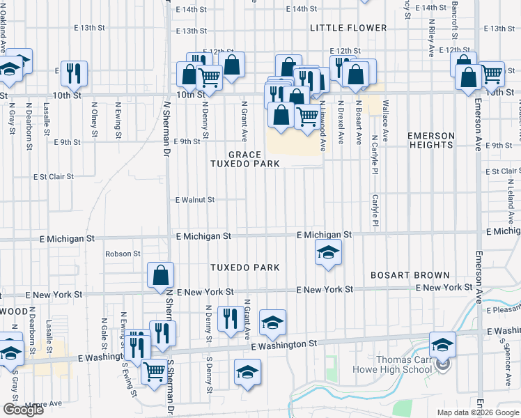 map of restaurants, bars, coffee shops, grocery stores, and more near 521 North Grant Avenue in Indianapolis