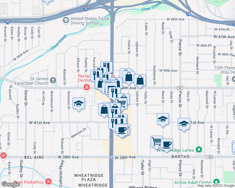 map of restaurants, bars, coffee shops, grocery stores, and more near 4350 Colorado 121 in Wheat Ridge