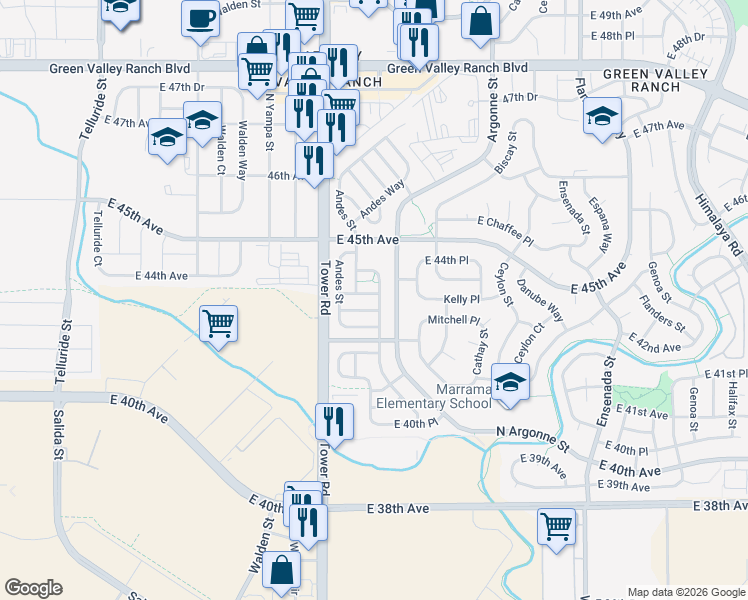 map of restaurants, bars, coffee shops, grocery stores, and more near 18668 Kelly Place in Denver