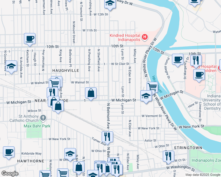 map of restaurants, bars, coffee shops, grocery stores, and more near 528 North Traub Avenue in Indianapolis