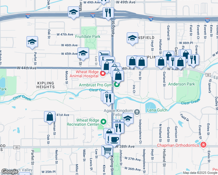 map of restaurants, bars, coffee shops, grocery stores, and more near 4220 Kipling Street in Wheat Ridge