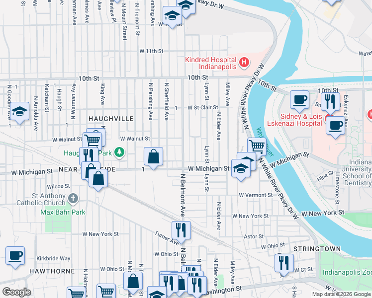 map of restaurants, bars, coffee shops, grocery stores, and more near 549 North Belmont Avenue in Indianapolis