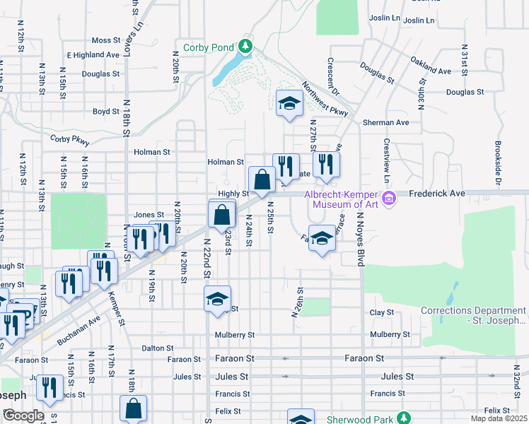 map of restaurants, bars, coffee shops, grocery stores, and more near 835 North 25th Street in Saint Joseph
