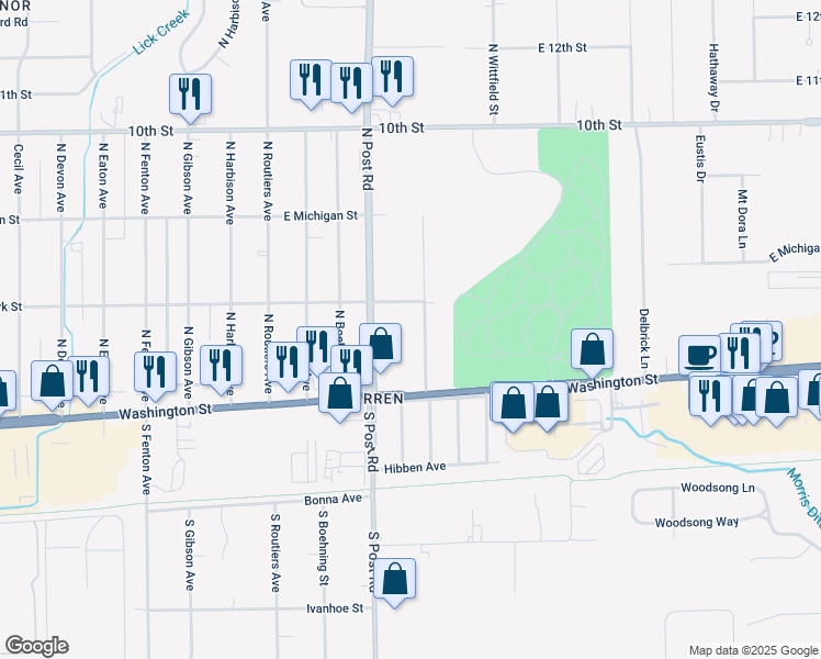 map of restaurants, bars, coffee shops, grocery stores, and more near 40 North Galeston Avenue in Indianapolis
