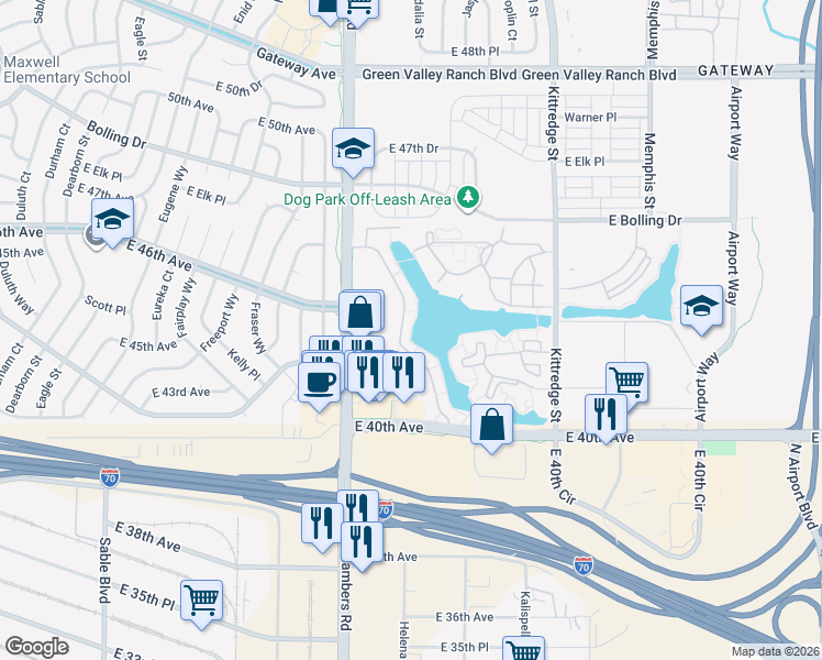 map of restaurants, bars, coffee shops, grocery stores, and more near 15435 Andrews Drive in Denver