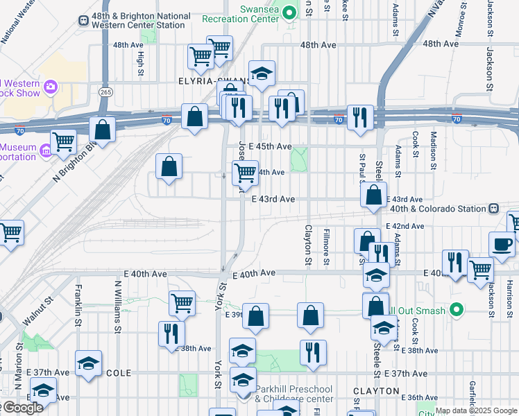 map of restaurants, bars, coffee shops, grocery stores, and more near 4234 Columbine Street in Denver