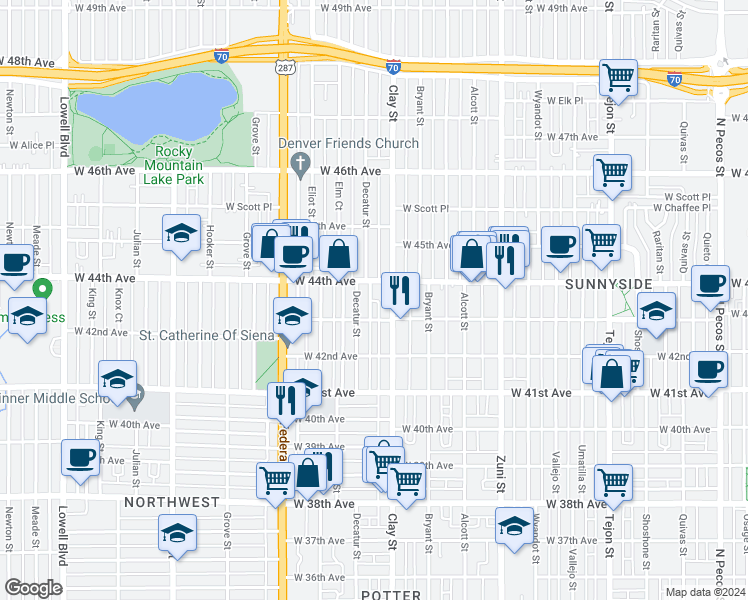 map of restaurants, bars, coffee shops, grocery stores, and more near 2723 West 43rd Avenue in Denver