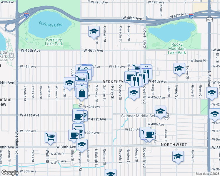 map of restaurants, bars, coffee shops, grocery stores, and more near 3990 West 43rd Avenue in Denver