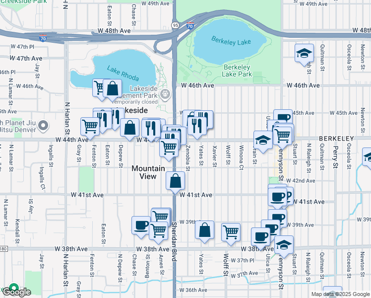 map of restaurants, bars, coffee shops, grocery stores, and more near 4343 Zenobia Street in Denver