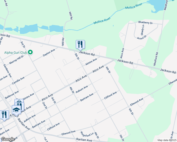 map of restaurants, bars, coffee shops, grocery stores, and more near 2372 Atco Avenue in Waterford