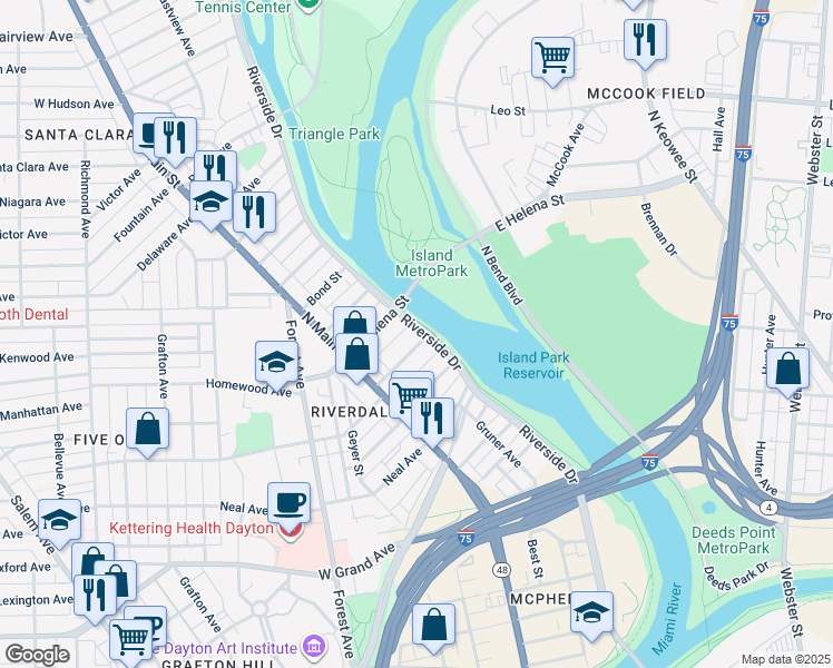 map of restaurants, bars, coffee shops, grocery stores, and more near 53 Vincent Street in Dayton
