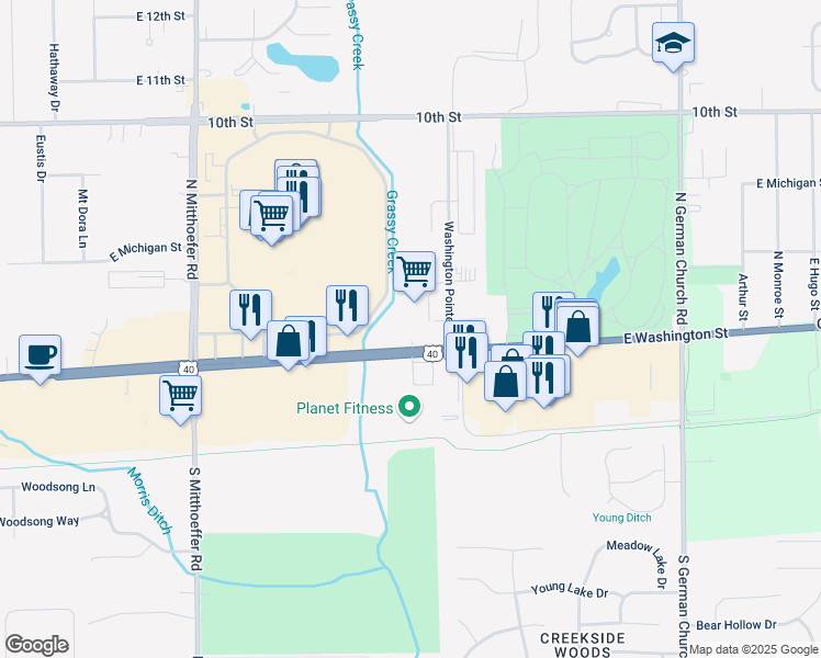 map of restaurants, bars, coffee shops, grocery stores, and more near 10466-10482 East Washington Street in Indianapolis