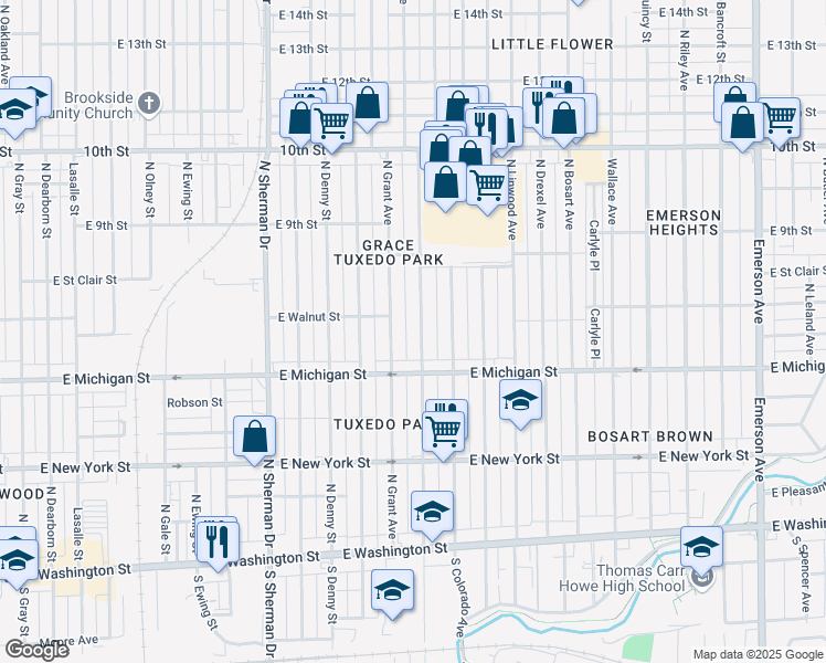 map of restaurants, bars, coffee shops, grocery stores, and more near 521 North Grant Avenue in Indianapolis