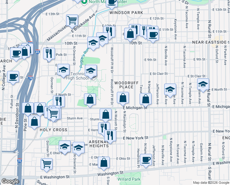 map of restaurants, bars, coffee shops, grocery stores, and more near 575 Woodruff Place West Drive in Indianapolis