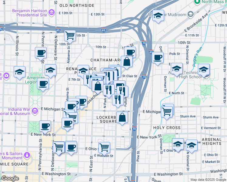 map of restaurants, bars, coffee shops, grocery stores, and more near 611 East North Street in Indianapolis