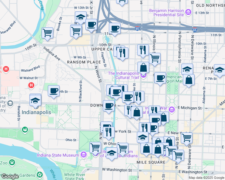 map of restaurants, bars, coffee shops, grocery stores, and more near 551 Indiana Avenue in Indianapolis
