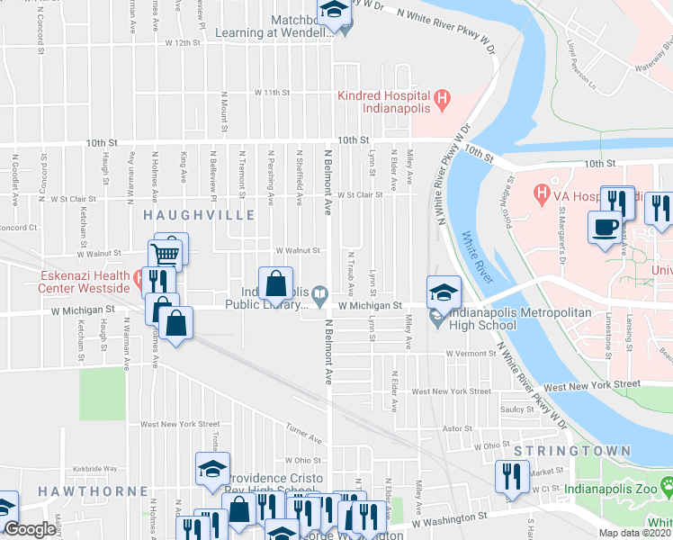 map of restaurants, bars, coffee shops, grocery stores, and more near 530 North Traub Avenue in Indianapolis