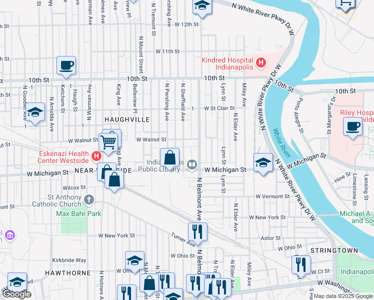 map of restaurants, bars, coffee shops, grocery stores, and more near 554 North Belmont Avenue in Indianapolis